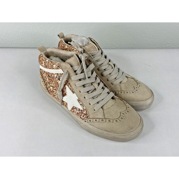 Shu Shop Women Rina Sparkle Sneaker Rose Gold Star High Top Shoe NWT - Picture 2 of 7